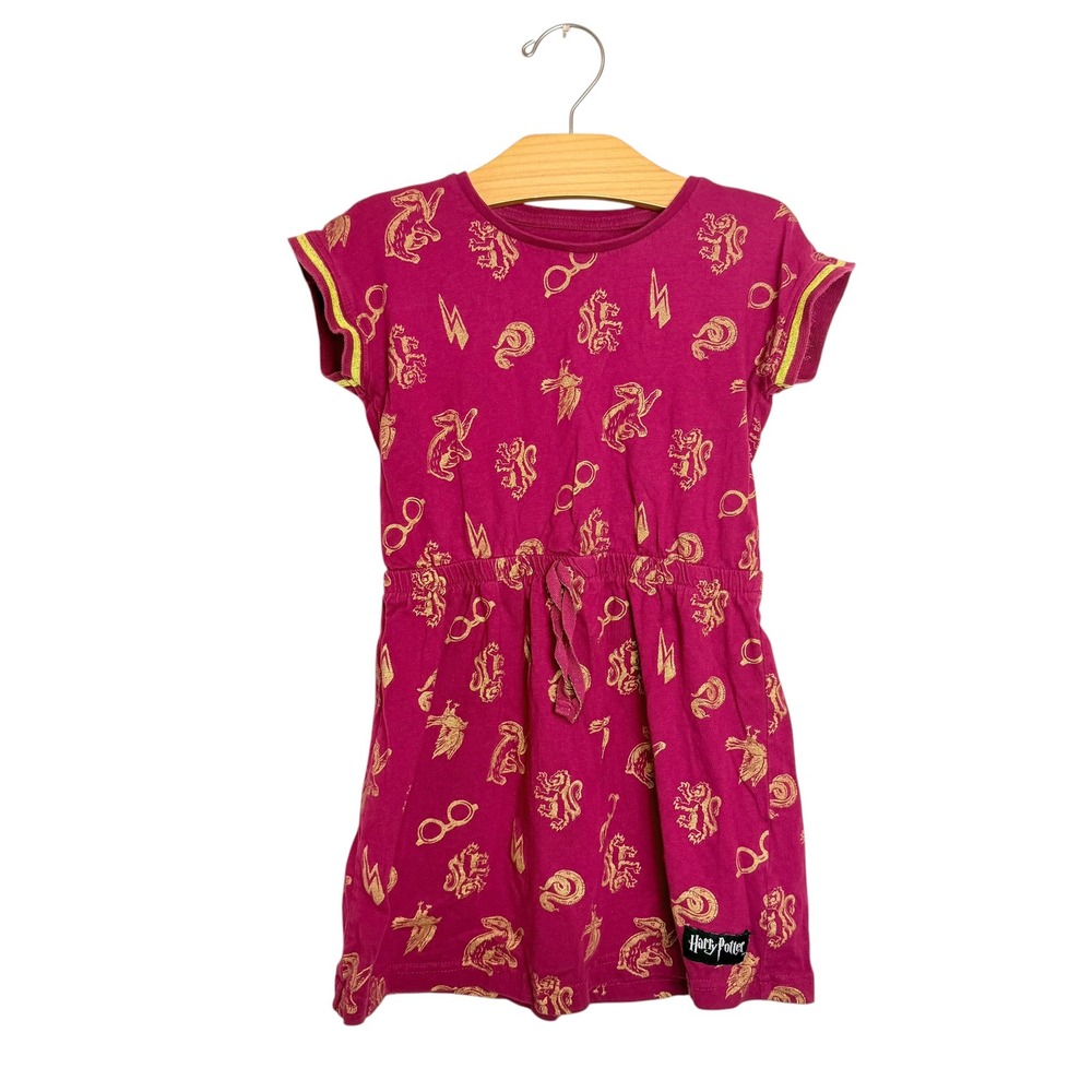 Harry Potter Girls Magenta Pink Gold Foil House Symbols Dress Size 6